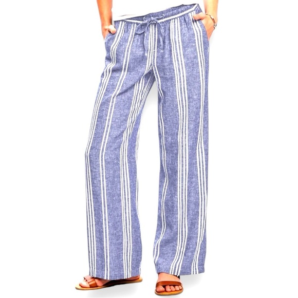 Old Navy Size L Wide Leg Navy/White Stripe Linen/Rayon Elastic/Drawstring Waist - Picture 1 of 6